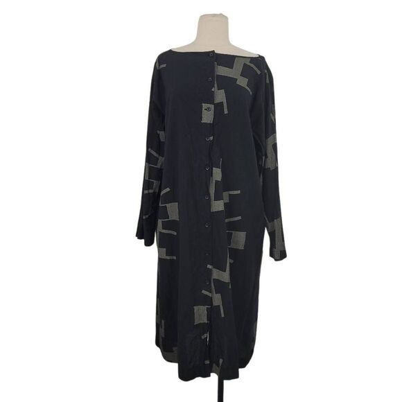 UZI NYC‎ Button Front Dress One Size Black Sun Long Sleeve Minimalist Lagenlook - Picture 1 of 7